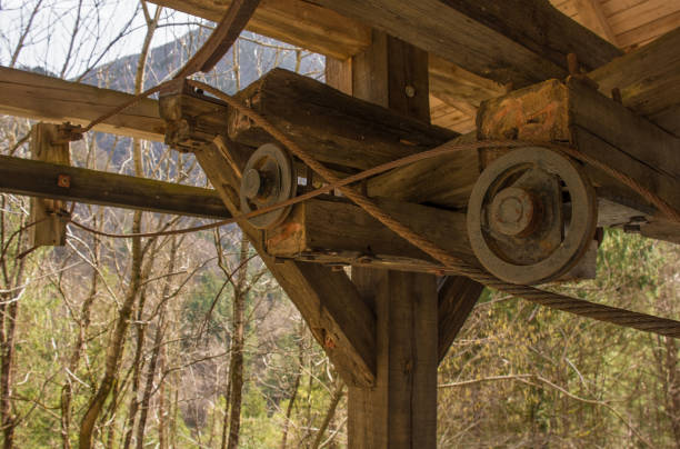 Golobar Telpher Line lower station, an historic lumber cable car in Slovenia. A forest cableway to Golobar mountain built during WW1 to supply the Soca Front, then adapted for forestry post-war. Last operated 1969. At Kal-Koritnica in the Bovec municipality, Primorska or Littoral region