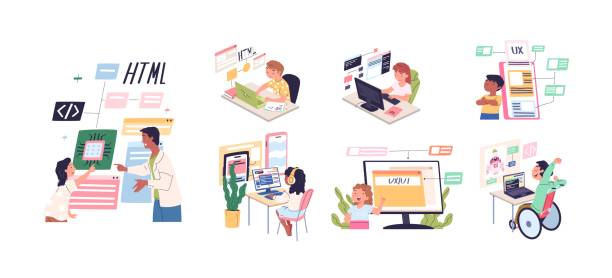 Children code learning. Kids writing codes, child programming schools it camp, kid coder students internet technology computer education coding project, classy vector illustration Children code learning. Kids writing codes, child programming schools it camp, kid coder students internet technology computer education coding project, vector illustration of programming for kids game developer stock illustrations