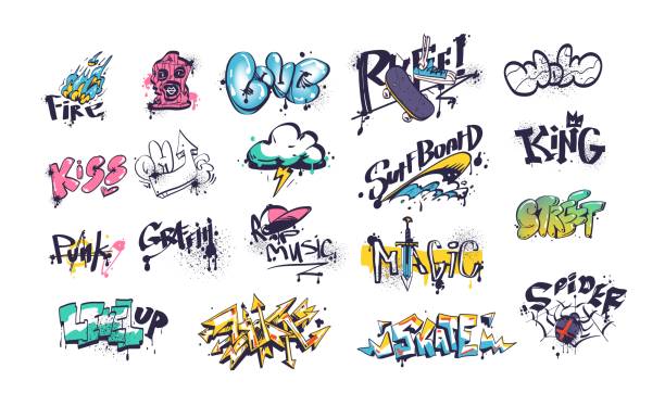 illustrations, cliparts, dessins animés et icônes de tags de graffitis muraux. symboles de mode griffonnage de style underground, tag de pulvérisation, planche à roulettes, urbain fou street art marqueur script, murs de l’école, élément de vandalisme, illustration vectorielle chic - graffiti