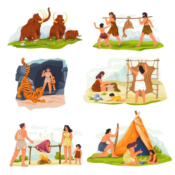 Vector illustration of Prehistoric people. Ancient family characters, caveman with primitive weapon mammoth hunting, wild tribe life stone age history, cartoon neanderthal
