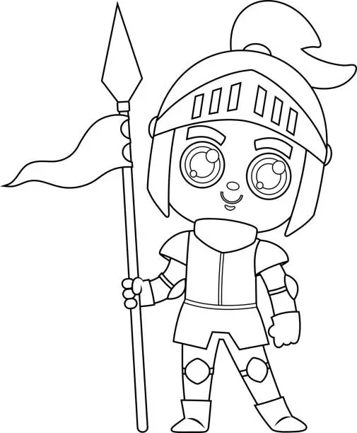 Vector illustration of Outlined Cute Magic Prince Knight Boy Cartoon Character In Armor