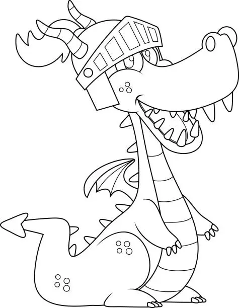 Vector illustration of Outlined Cute Dragon Cartoon Character With Knight Helmet