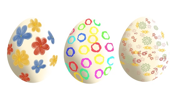 close up of colorful painted and colored easter eggs to celebrate easter monday isolated white background