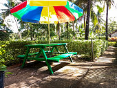 Wooden picnic table with benches and sun umbrella in the garden.