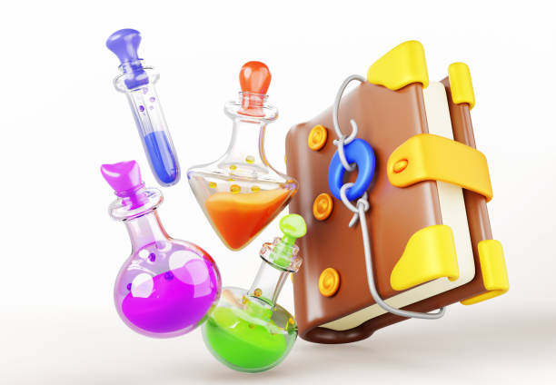 Magic potions and spell book, witchcraft 3d banner. Fantasy alchemy grimoire with elixir or poison. Witch or wizard diary and glass lab flasks with color liquid, Cartoon render icons. 3D illustration