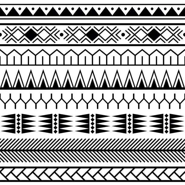 Vector illustration of Set of vector ethnic seamless pattern in maori tattoo style. Geometric border with decorative ethnic elements. Horizontal pattern.