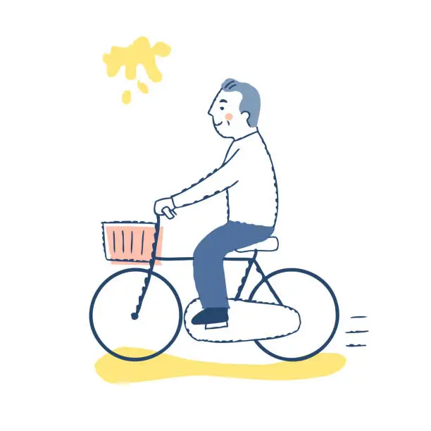 Vector illustration of Senior man riding a bicycle with a smile