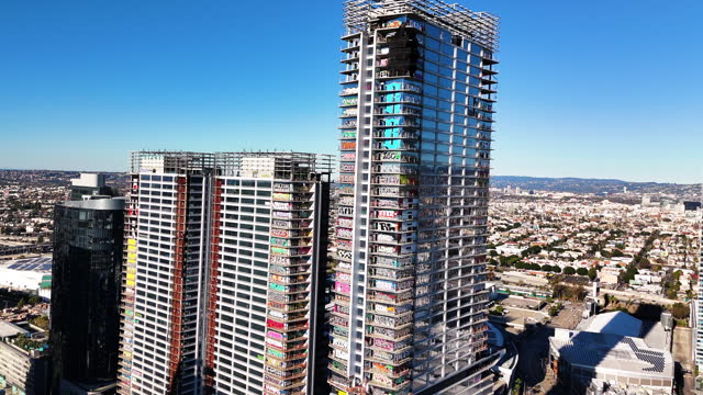 Aerial View of tagged High Rises in Los Angeles with graffiti covering buildings