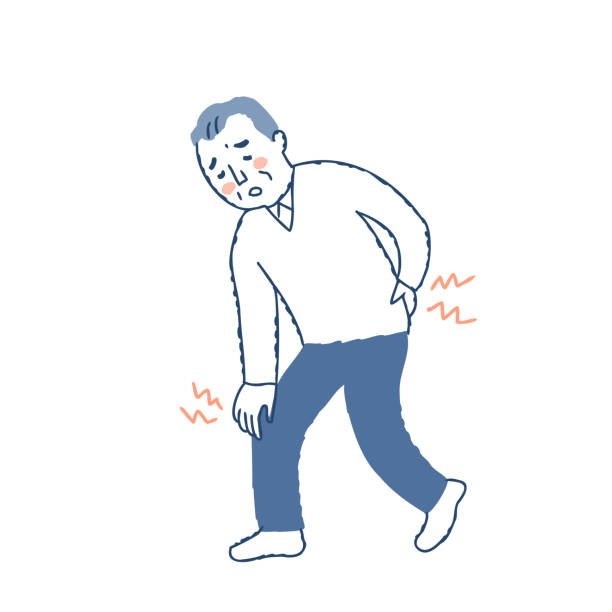 ilustraciones, imágenes clip art, dibujos animados e iconos de stock de hombre mayor con dolor de rodilla y lumbar - dolor de espalda