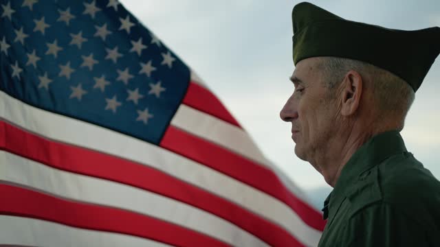 Veteran Man Against American Flag For Independence Day