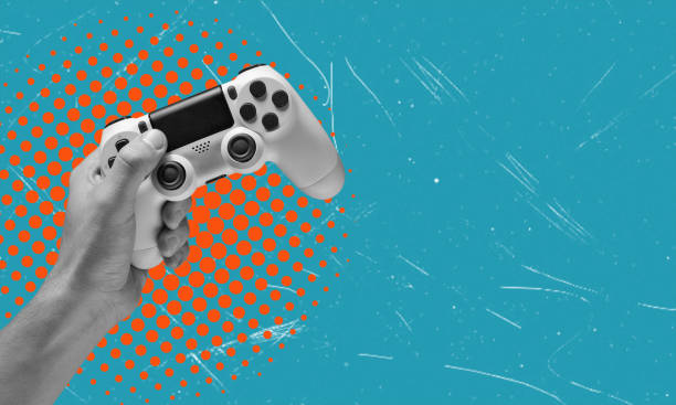 istock Art collage, hand with joystick on blue background with space for text. 2032309814
