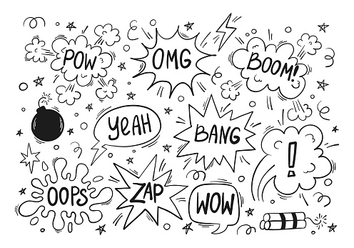 Hand drawn set of comics bombs and explosions in doodle style. Speech bubbles with words pow, wow, bang and omg. Vector illustration.