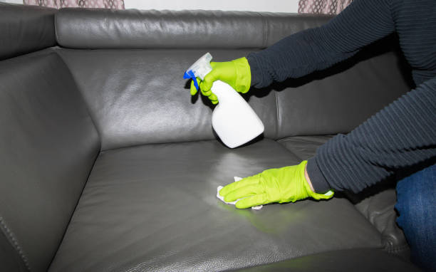 istock A man wearing cleaning gloves wipes the leather sofa. 2032316323