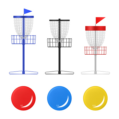 Disc golf frisbee basket with equipment outdoor sport recreation game playing set realistic vector illustration. Stand pole with chain flag for discs tossing leisure activity athletic competition target