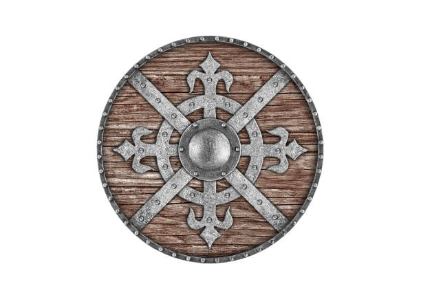 istock Old decorated wooden round shield isolated on white background 2032334866