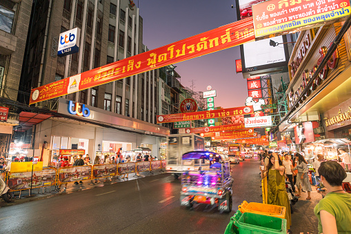 Busy Night at Yaowarat road. Yaowarat Road is a main street in Bangkok's Chinatown. Famous street food in Thailand.