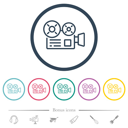 Movie camera outline flat color icons in round outlines. 6 bonus icons included.