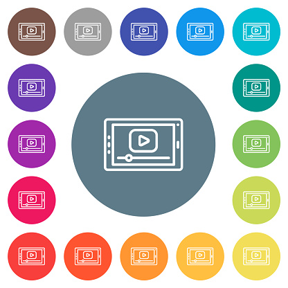Video play on landscape tablet outline flat white icons on round color backgrounds. 17 background color variations are included.