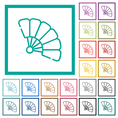 Folding hand fan outline flat color icons with quadrant frames on white background