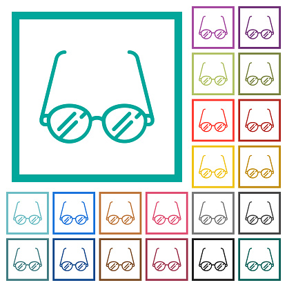 Vintage glasses outline flat color icons with quadrant frames on white background
