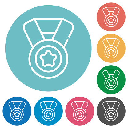 Medal with star and ribbon outline flat white icons on round color backgrounds