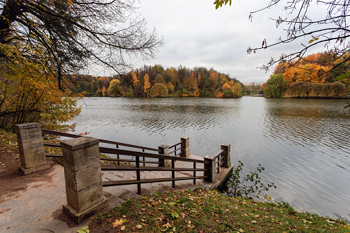 Autumn landscape with a lake in the park. Russia, Moscow