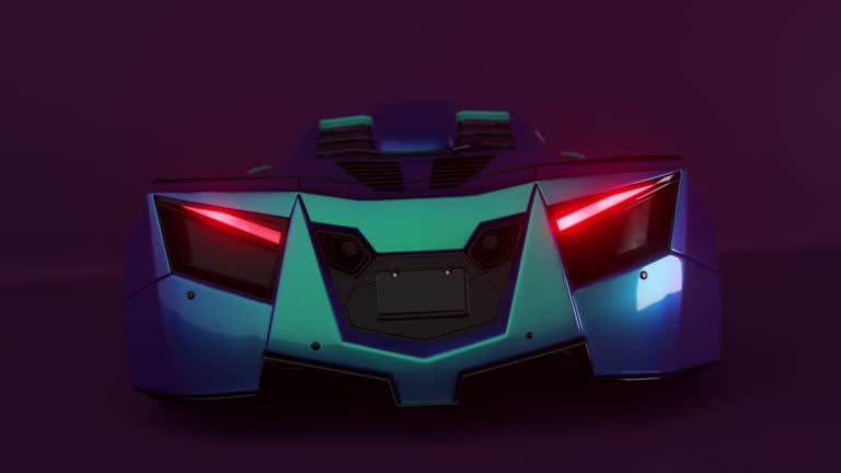 A futuristic sports car with bright neon brake lights in 3D animation, showing an elegant design and dynamic lighting.