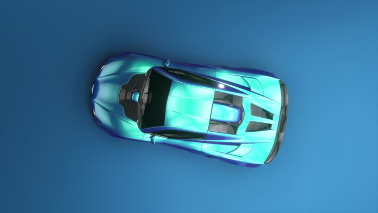 Iridescent supercar with fluid design lines in 3D animation, presenting a high-gloss finish and dynamic stance.