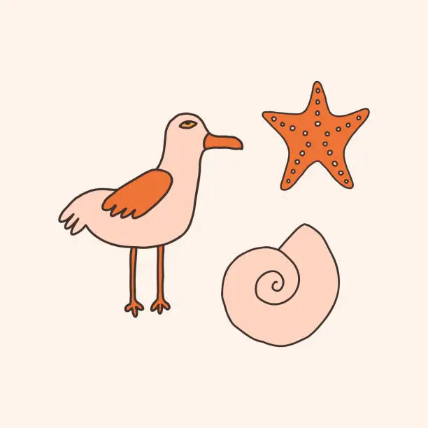 Vector illustration of Vintage beach seagull and shell
