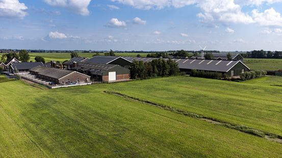 aerial view of a farm with a wind turbine in the netherlands