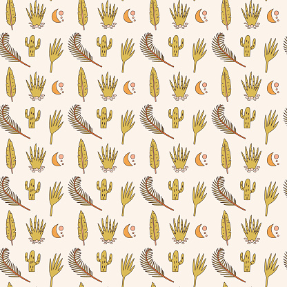 Vintage cactus aloe desert plant seamless pattern. Botanical tropical leaves wallpaper background