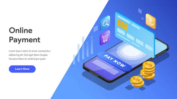 Vector illustration of Landing page template of Online Payment  with Mobile Phone Isometric Illustration Concept. Modern design concept of web page design for website and mobile website.Vector illustration EPS 10