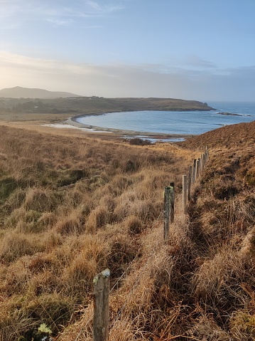 Scenic dusk view of a rustic fence standing amidst a tranquil boggy grass valley, with the sea and bay in the distance. The warm hues of evening enhance the charm of the rustic landscape. Perfect for conveying the beauty of rural tranquility and the coastal allure during the enchanting dusk hours