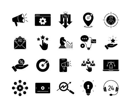 Digital Marketing Solid Icon Set contains such icons as Geotargeting, Target Audience, Content Creation, Market Research, SEO, Mailing, Creative Content, Graphic Design, and so on.