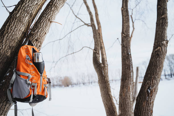 istock Lone orange backpack hanging from tree branch in snowy forest, with silver travel mug and supplies 2032376230