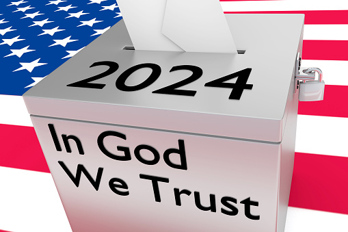 USA Vote. Text VOTE with American flag background. Voting rights and elections 3d illustration.