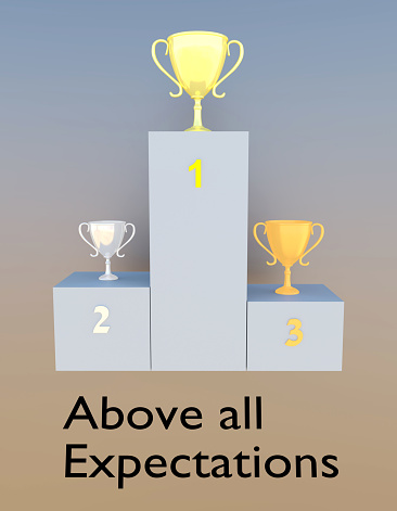 3D illustration of a golden, silver and bronze grails on a podium, where the golden grail is excessively higher.