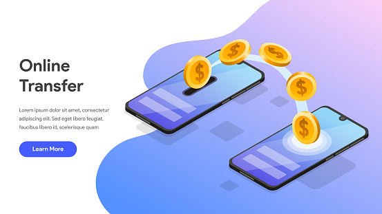 Landing page template of Online Money Transfer with Mobile Phone Isometric Illustration Concept. Modern design concept of web page design for website and mobile website.Vector illustration EPS 10
