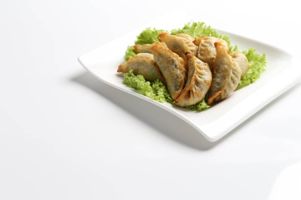 deep fried pork chicken dumpling guo tie jiaozi dim sum in plate on white background appetiser food snack halal menu for Hong Kong cafe deep fried pork chicken dumpling guo tie jiaozi dim sum in plate on white background appetiser food snack halal menu for Hong Kong cafe appetiser stock pictures, royalty-free photos & images