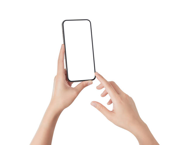 istock Hand holding smartphone with blank screen isolated on white background. 2032383875