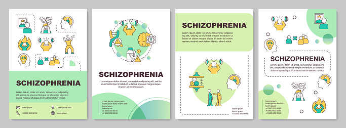 Schizophrenia green circle brochure template. Leaflet design with linear icons. Editable 4 vector layouts for presentation, annual reports. Arial-Bold, Myriad Pro-Regular fonts used