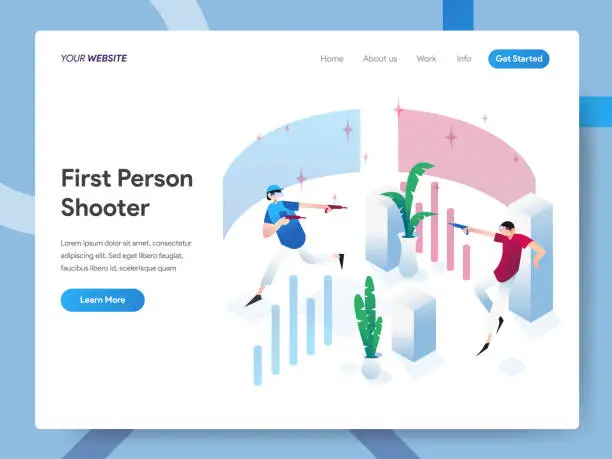 Vector illustration of Landing page template of First Person Shooter Isometric Illustration Concept. Modern design concept of web page design for website and mobile website.Vector illustration EPS 10