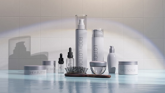 Elegant 3D animation of skincare products with clean, reflective surfaces and calming hues.