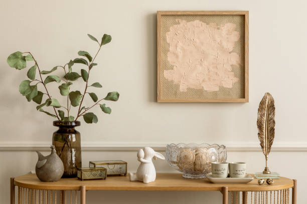 istock Beautiful and stylish dining room interior. The magic of the holidays. Easter table with decorations. Template. 2032441849