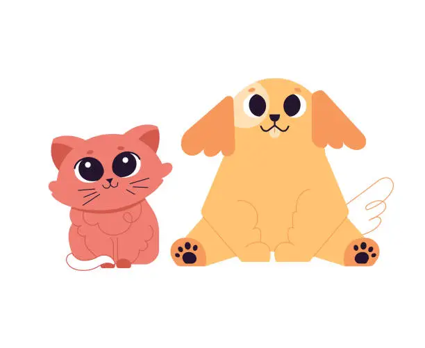 Vector illustration of Cute kitten and puppy