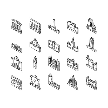 Europe Monument Construction isometric icons set. Eiffel Tower And Parthenon, Louvre Museum And Saint Peter Basilica, Edinburgh Castle And Basil Cathedral Europe Famous Building Color