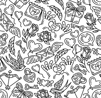 Seamless pattern of valentine element in doodle outline