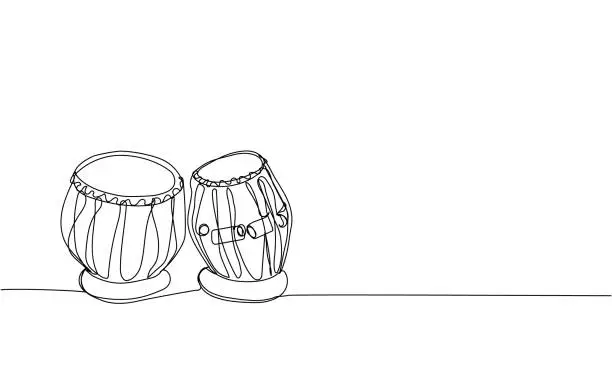 Vector illustration of Tabla drum one line art. Continuous line drawing of sound, beat, ethnic, indian, rhythm, musician, band, acoustic, drum, music, percussion.