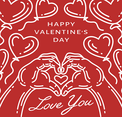 line art or One Line Drawing of hand symbols love with heart shaped balloon. happy valentines day banner design