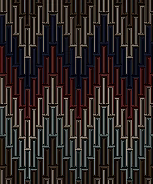 Vector illustration of Seamless striped pattern with a chevron design made of multicolored thin concentric lines on a black background. Modern style.
